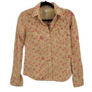 Odille Top Button Up Cottagecore Gingham Eyelet Floral Embroidered Mustard Sz 0